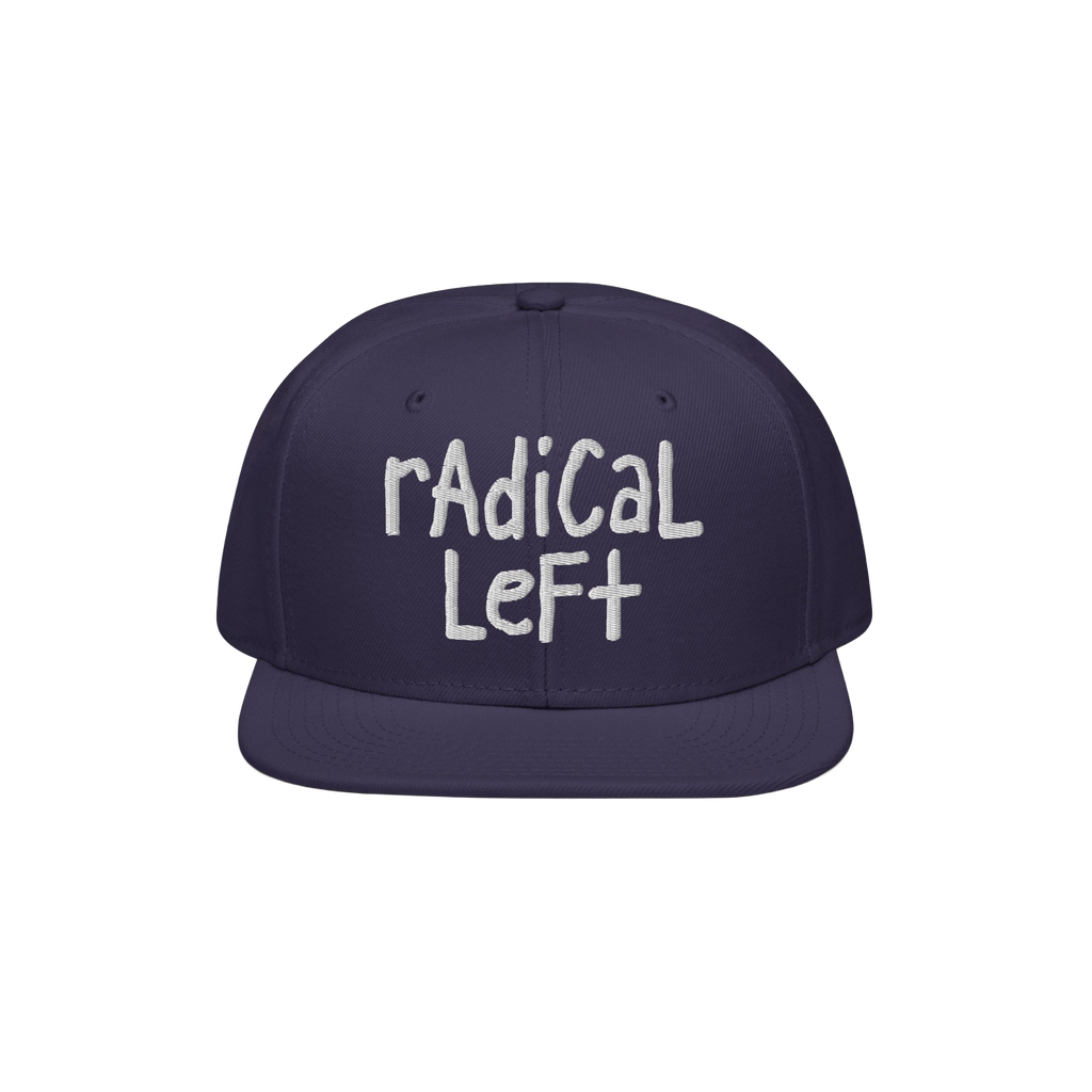Navy flat-brimmed cap with radical left in white, hand-drawn font, embodying progressive values. Perfect for those championin