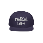 Navy flat-brimmed cap with radical left in white, hand-drawn font, embodying progressive values. Perfect for those championin