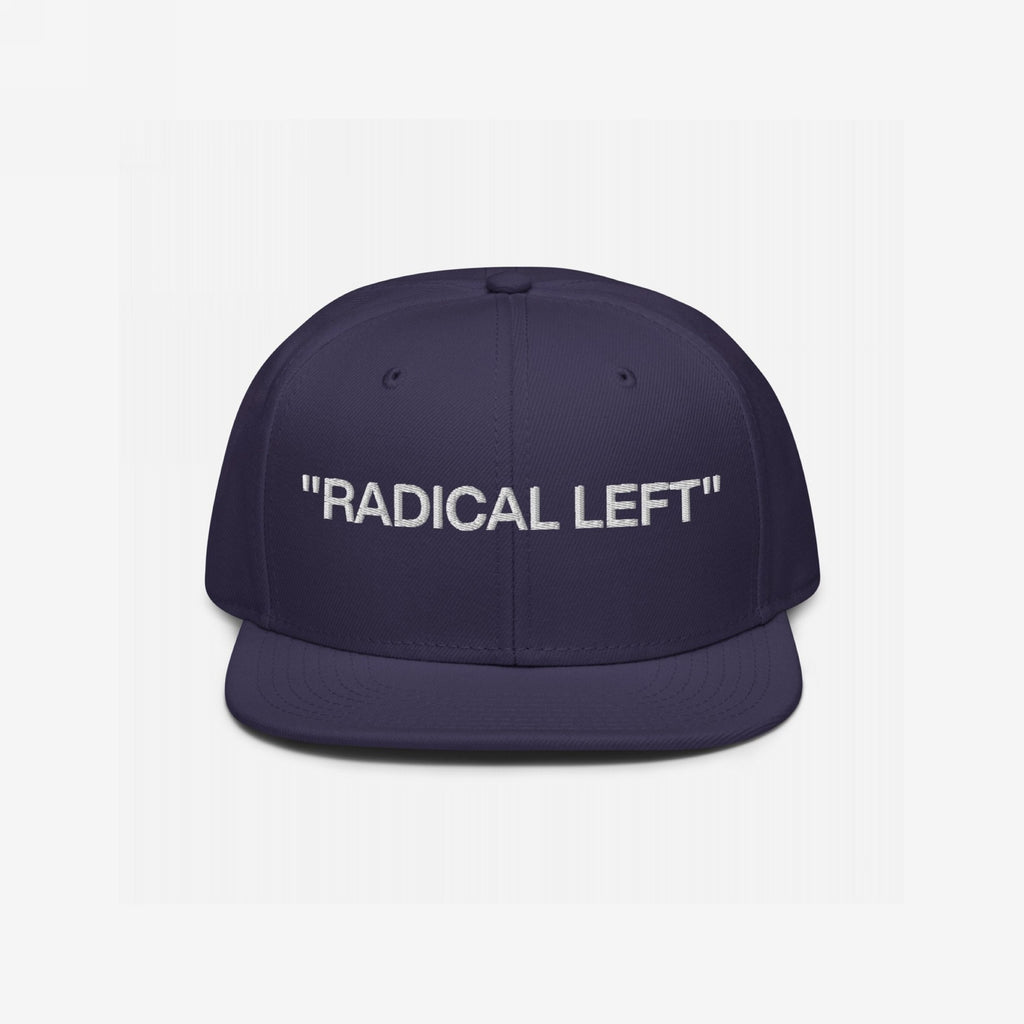 Radical Left Classic Hat: A dark navy snapback cap with RADICAL LEFT embroidered in white on the front, blending irony with style for those embracing progressive values.