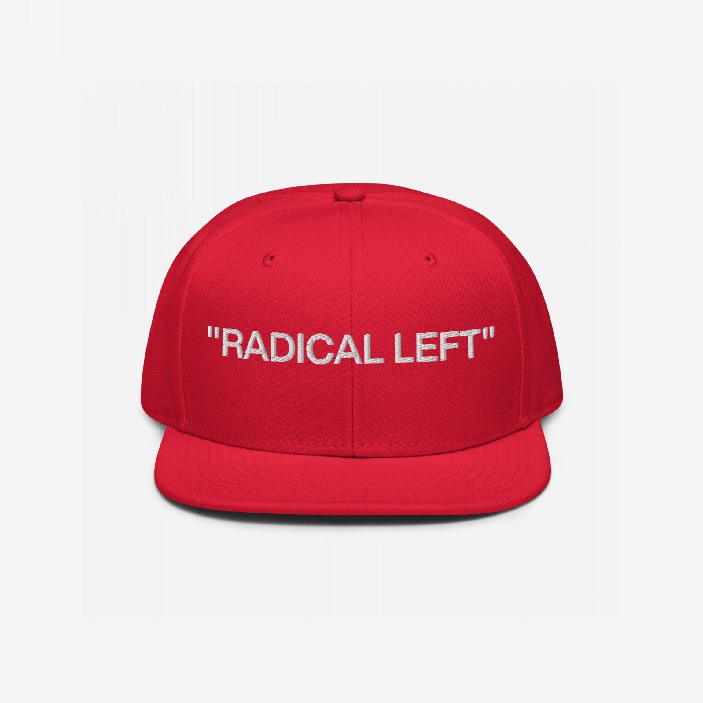 Red snapback cap featuring RADICAL LEFT embroidered in white on the front panel, embodying a bold statement and progressive identity. Ideal for those embracing individuality and equality with pride.