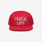 Red snapback-style cap featuring a white, hand-drawn-style embroidery of radical Left, embodying a bold progressive message. Perfect for those who value human rights and equality.