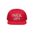 Red snapback-style cap featuring a white, hand-drawn-style embroidery of radical Left, embodying a bold progressive message. 
