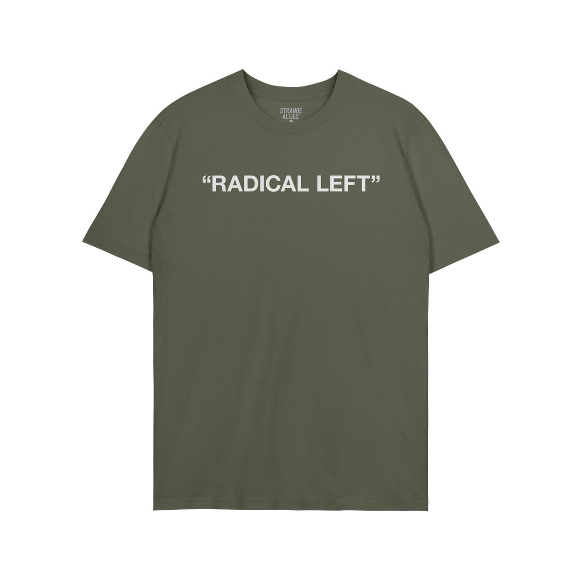 Radical Left T-shirt with 'RADICAL LEFT' in white caps; a statement piece for those embracing empathy and satire, reflecting 