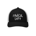 Black-and-white trucker hat with white mesh back and embroidered radical Left in white on the front, symbolizing a progressiv