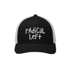 Black-and-white trucker hat with white mesh back and embroidered radical Left in white on the front, symbolizing a progressiv