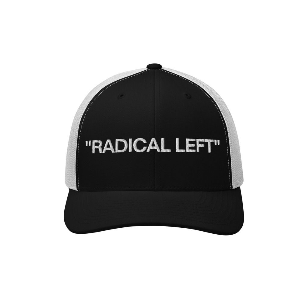The Radical Left Classic Hat features a black front with “RADICAL LEFT” in white embroidery and white mesh back, embodyin