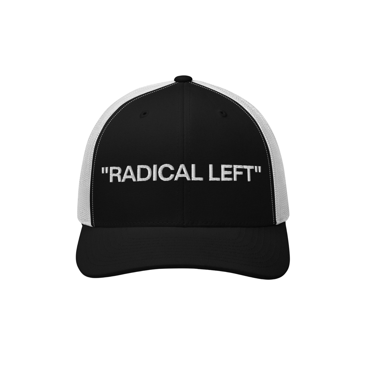 The Radical Left Classic Hat features a black front with “RADICAL LEFT” in white embroidery and white mesh back, embodyin
