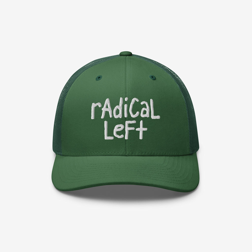 Green trucker-style baseball cap with white embroidered text reading “radical left,” embodying a bold, progressive message. Ideal for those embracing equality and human rights in style.