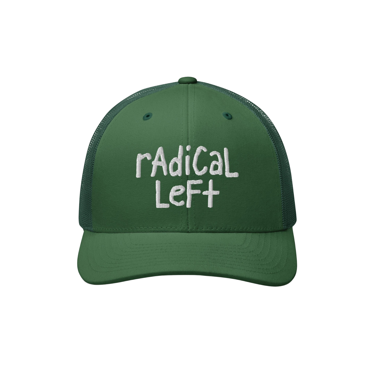 Green trucker-style baseball cap with white embroidered text reading “radical left,” embodying a bold, progressive messag