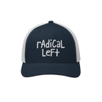 Radical Left Hat with navy front and white mesh back, featuring 'radical left' embroidered in white. A statement piece for pr