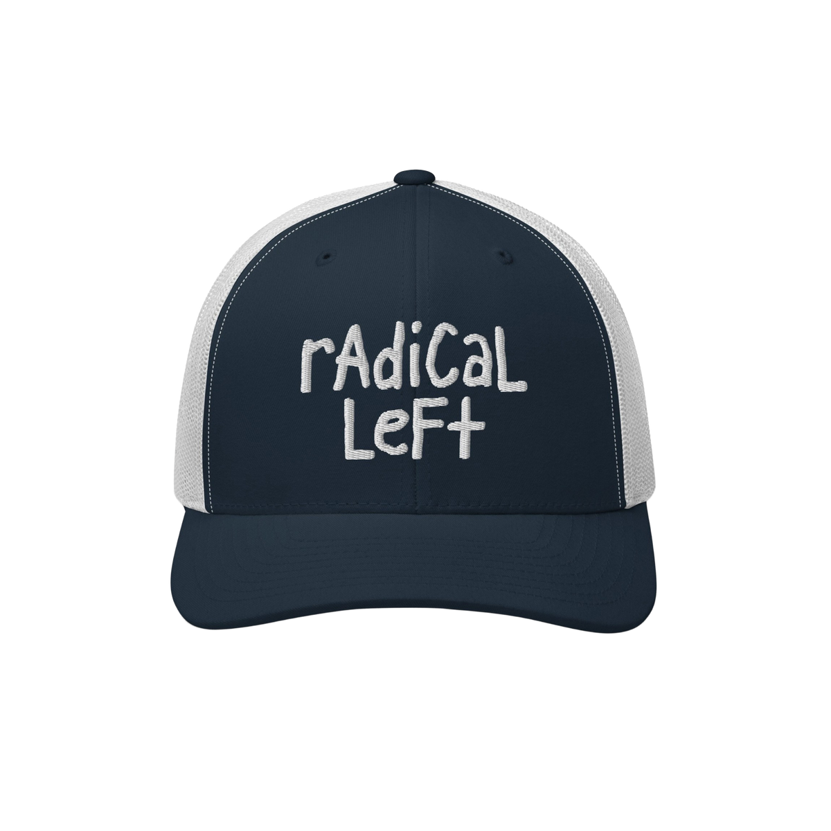 Radical Left Hat with navy front and white mesh back, featuring 'radical left' embroidered in white. A statement piece for pr