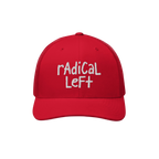 Red trucker-style baseball cap with white hand-lettered embroidery reading “rAdICAL LeFT,” symbolizing progressive values