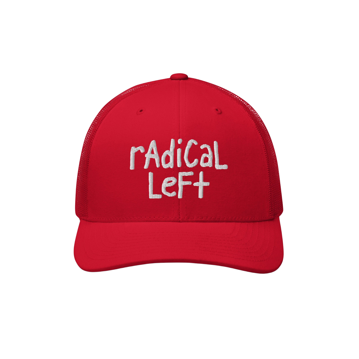 Red trucker-style baseball cap with white hand-lettered embroidery reading “rAdICAL LeFT,” symbolizing progressive values