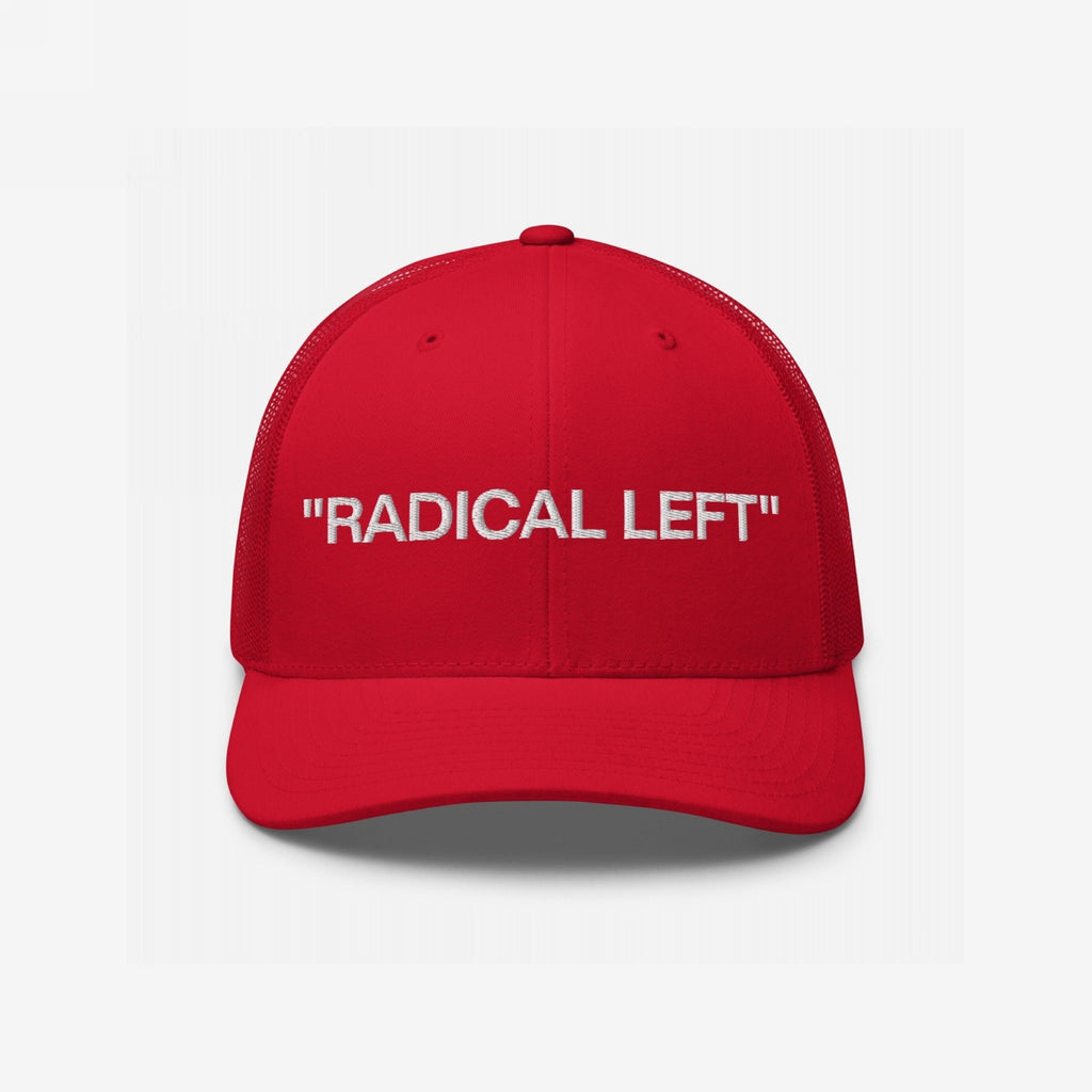 Red mesh-back trucker hat with white embroidered RADICAL LEFT on the front, embodying bold, progressive statements. Ideal for those embracing their identity with pride and style.