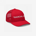 Radical Left Classic Hat: Bright red trucker cap with white embroidery reading “RADICAL LE.”; features a solid front panel, curved brim, and mesh back, embodying bold progressive identity with style.
