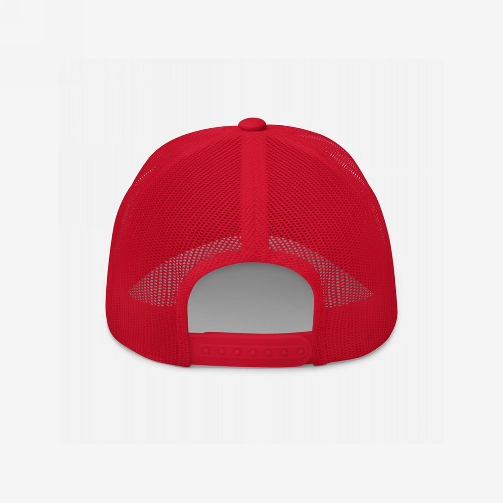 Back view of the Radical Left Classic Hat, a red trucker-style cap with mesh panels and an adjustable snapback, embodying progressive pride with its bold, ironic style.