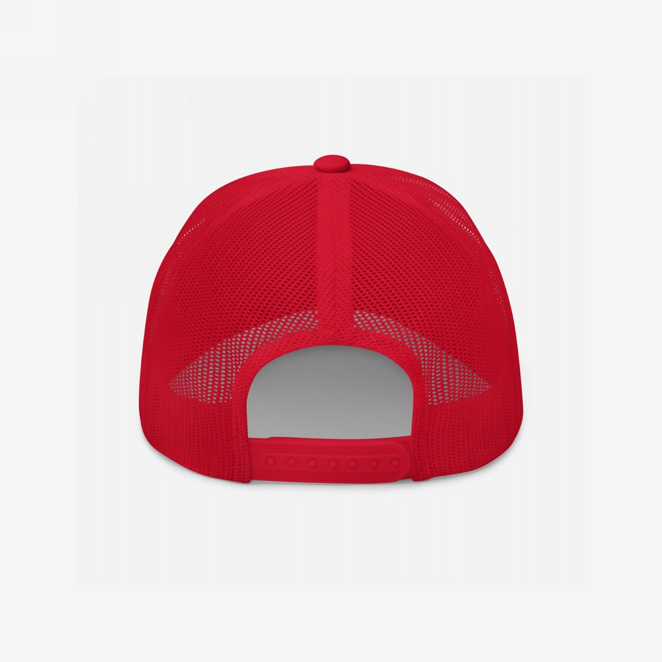 Back view of the Radical Left Classic Hat, a red trucker-style cap with mesh panels and an adjustable snapback, embodying progressive pride with its bold, ironic style.