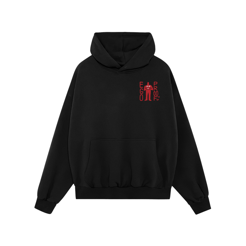Respect Existence Hoodie featuring a small red cartoon figure with EGO PROOF text on the chest and the bold message Respect e