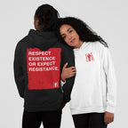 Respect Existence Hoodie modeled by two individuals; left shows bold back text Respect Existence or Expect Resistance, right displays small red chest logo EGO PROOF, embodying unapologetic activism.