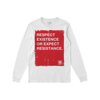 Respect Existence T-shirt featuring a bold, distressed red square with the message Respect Existence or Expect Resistance in 