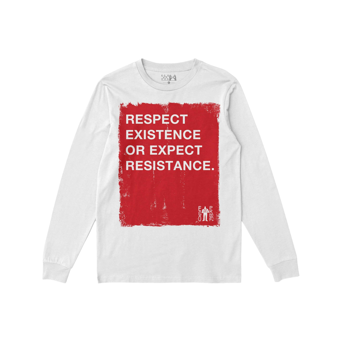 Respect Existence T-shirt featuring a bold, distressed red square with the message Respect Existence or Expect Resistance in 