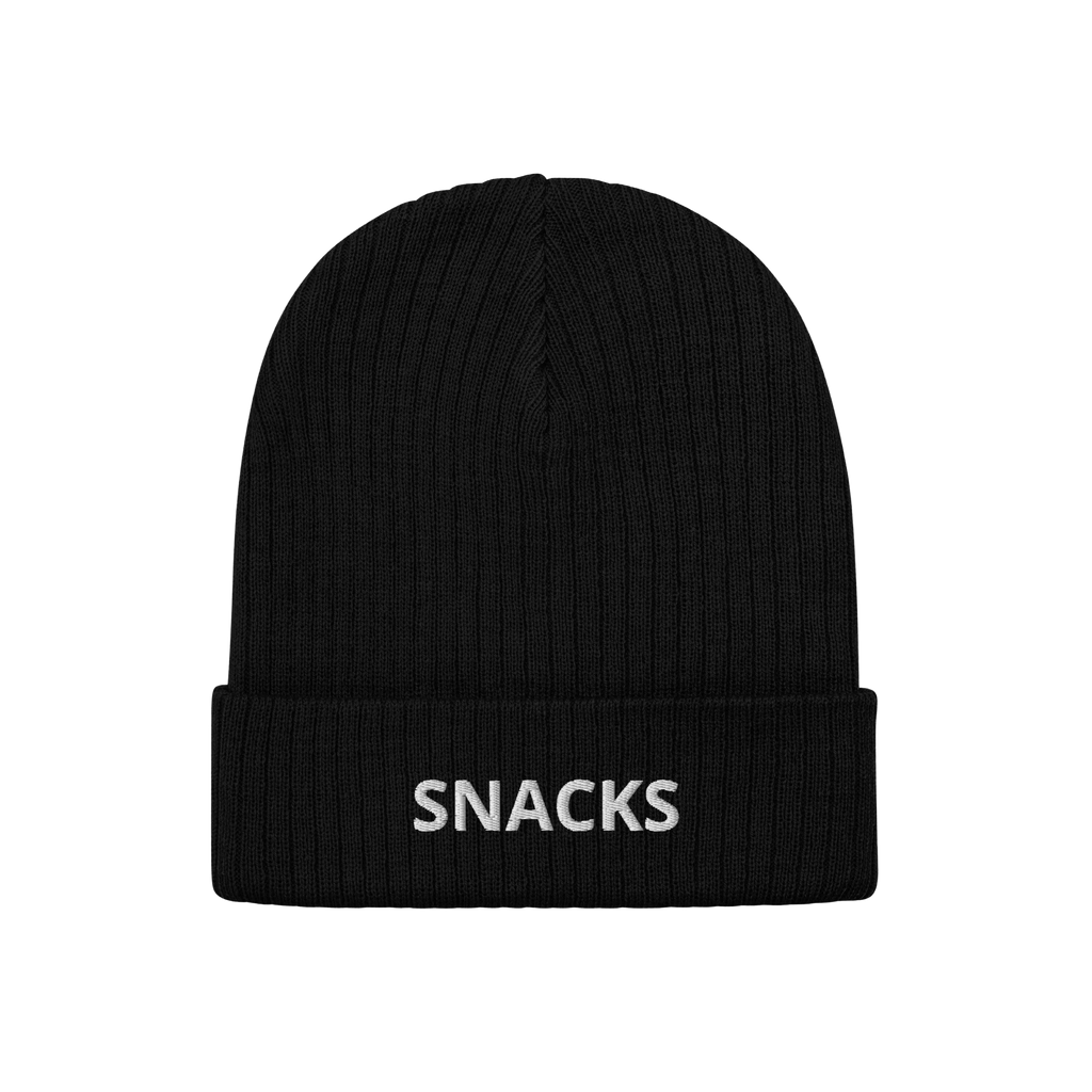 Snacks Hat: A black rib-knit beanie with 'SNACKS' embroidered in white on the cuff, perfect for snack enthusiasts. This minim