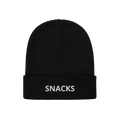 Snacks Hat: A black rib-knit beanie with 'SNACKS' embroidered in white on the cuff, perfect for snack enthusiasts. This minim