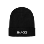 Snacks Hat: A black rib-knit beanie with 'SNACKS' embroidered in white on the cuff, perfect for snack enthusiasts. This minim