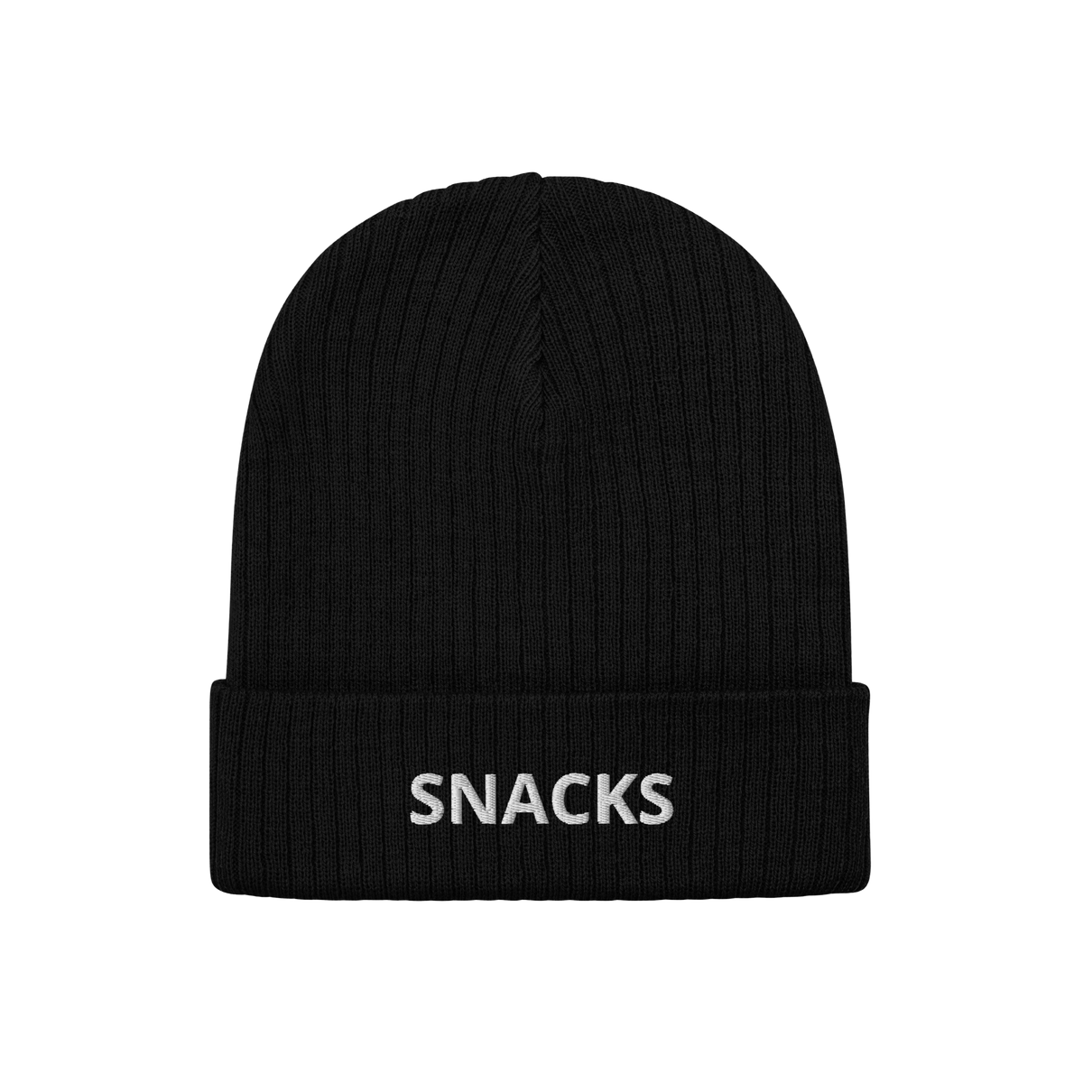 Snacks Hat: A black rib-knit beanie with 'SNACKS' embroidered in white on the cuff, perfect for snack enthusiasts. This minim