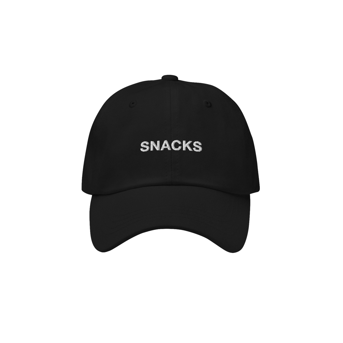The Snacks Hat is a black dad hat with SNACKS embroidered in white, perfect for snack enthusiasts wanting to make a bold yet 