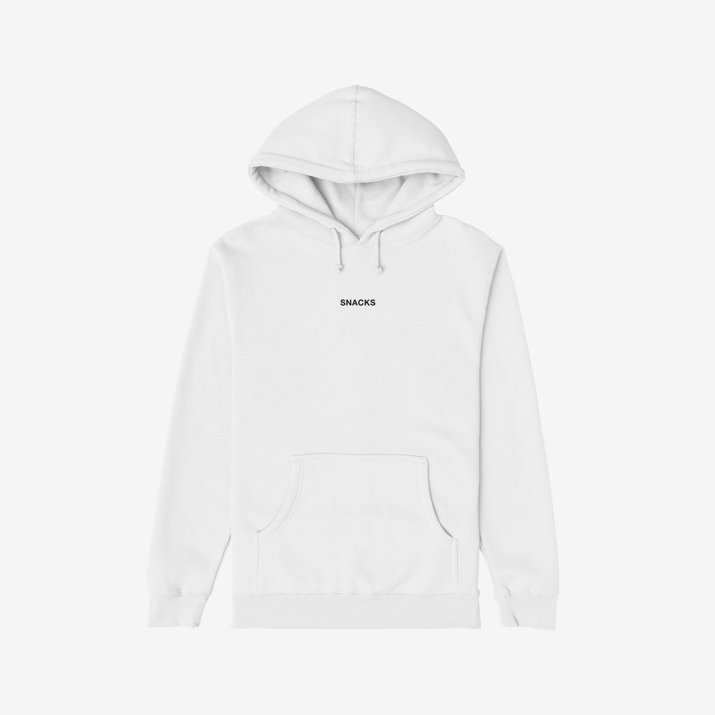 Snacks Hoodie & Sweatshirt: A plain white pullover with 'SNACKS' in black uppercase letters, featuring a kangaroo pocket and drawstring hood, embodying minimalist style and subtle statement.