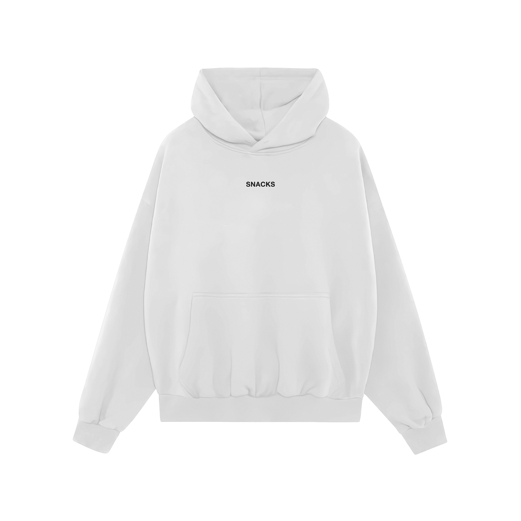Snacks Hoodie & Sweatshirt: A plain white pullover with 'SNACKS' in black uppercase letters, featuring a kangaroo pocket and 