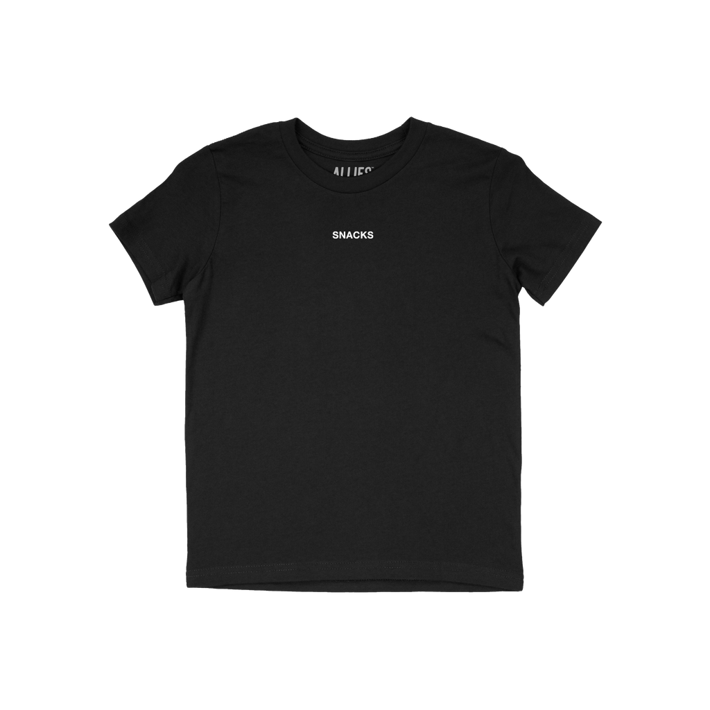 Snacks T-shirt: A plain black crew-neck tee with SNACKS. in white text. Perfect for those embracing their snack-loving side,