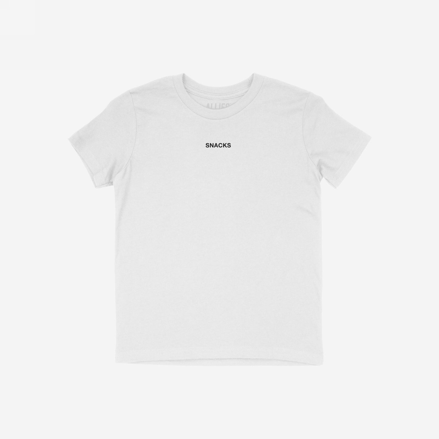 Snacks T-shirt with SNACKS in black uppercase letters, embodies playful rebellion and individuality, perfect for those who embrace cravings and casual style. Ideal for expressing a quirky, snack-loving attitude.