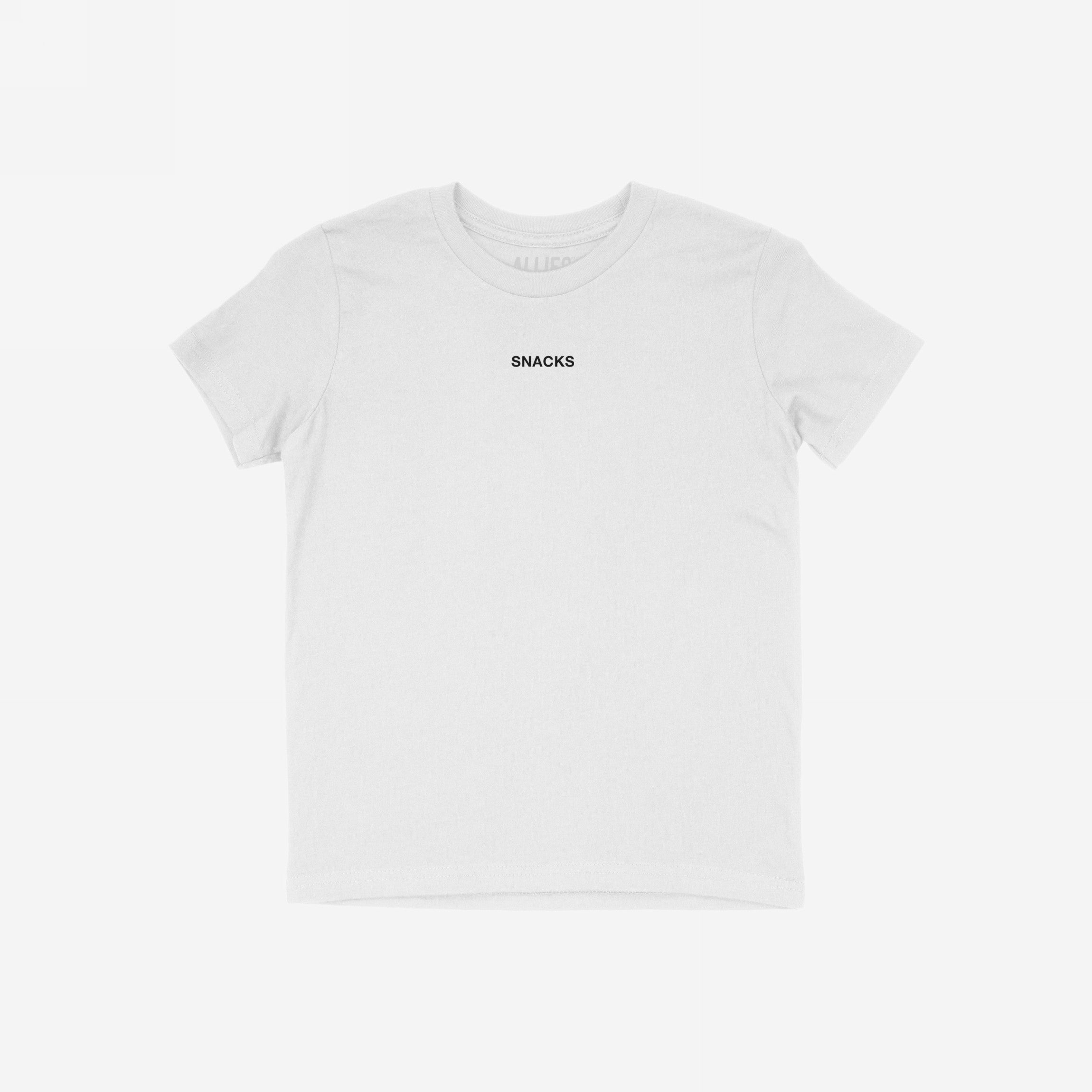 Snacks T-shirt with SNACKS in black uppercase letters, embodies playful rebellion and individuality, perfect for those who embrace cravings and casual style. Ideal for expressing a quirky, snack-loving attitude.