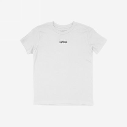 Snacks T-shirt with SNACKS in black uppercase letters, embodies playful rebellion and individuality, perfect for those who embrace cravings and casual style. Ideal for expressing a quirky, snack-loving attitude.