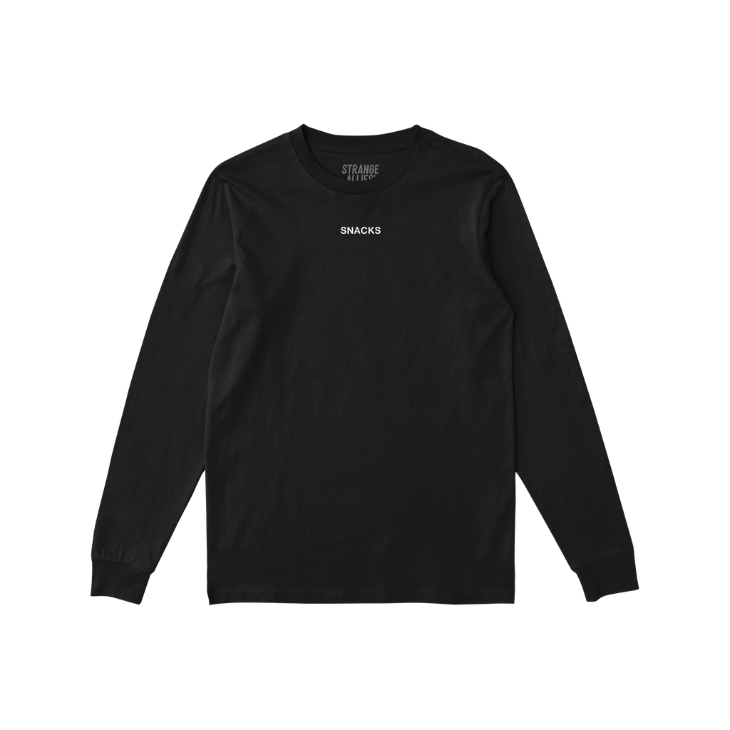 Black long-sleeve SNACKS T-shirt with white lettering, embodying quirky snack-themed humor. Features STRANGE ALLIES label, al