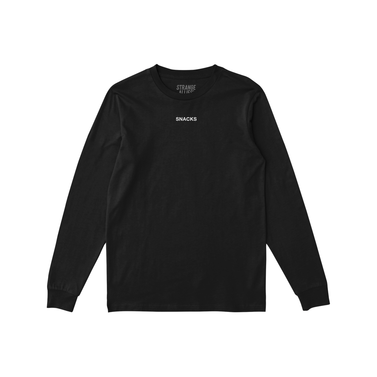 Black long-sleeve SNACKS T-shirt with white lettering, embodying quirky snack-themed humor. Features STRANGE ALLIES label, al