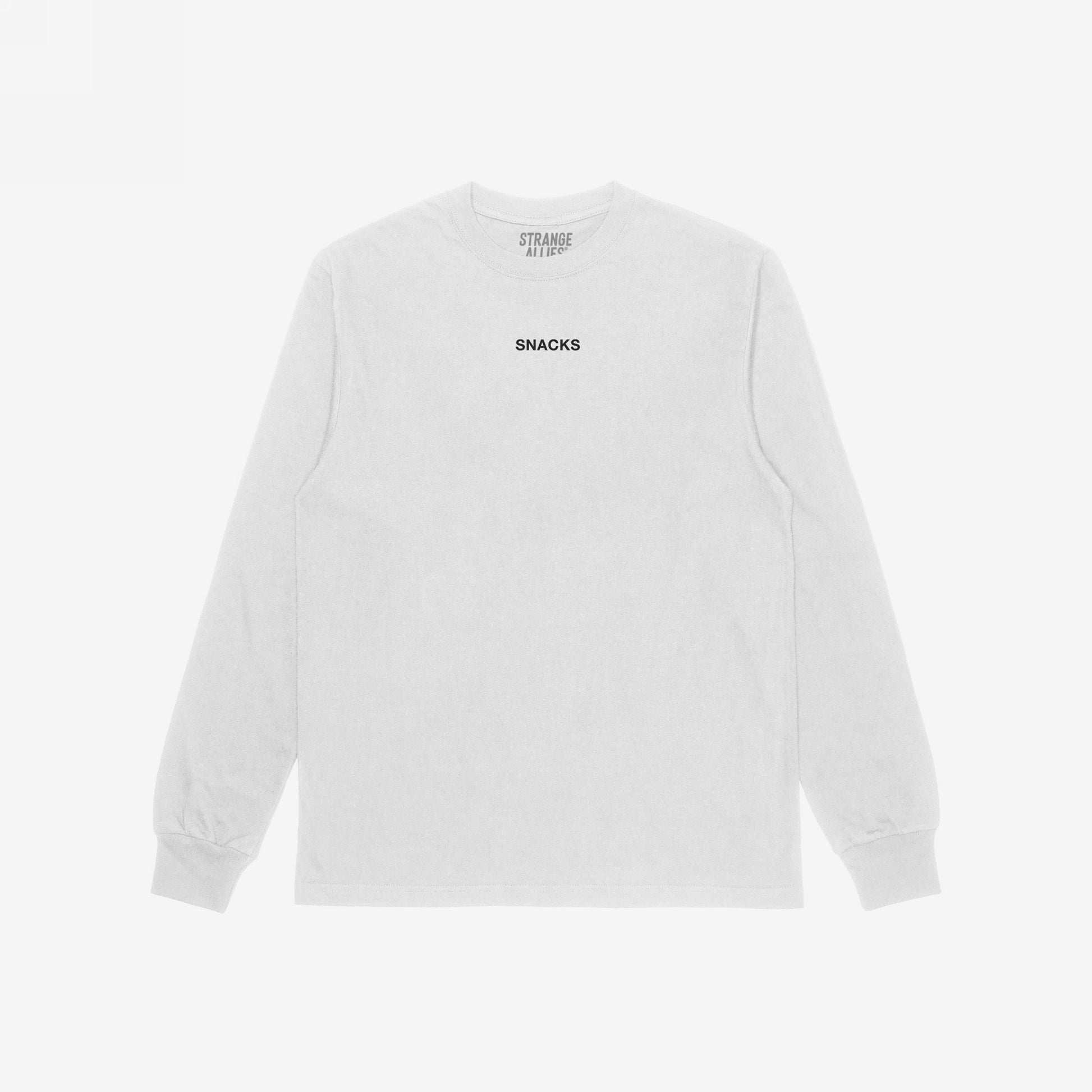 Plain white long-sleeve Snacks T-shirt with “SNACKS” in small black letters on the chest, embodying a playful, cryptic vibe from the brand Strange Allies.