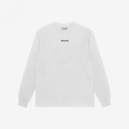 Plain white long-sleeve Snacks T-shirt with “SNACKS” in small black letters on the chest, embodying a playful, cryptic vibe from the brand Strange Allies.