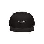 The Snacks Hat features a black flat-brimmed snapback with SNACKS embroidered in white, embodying a bold yet minimalist style