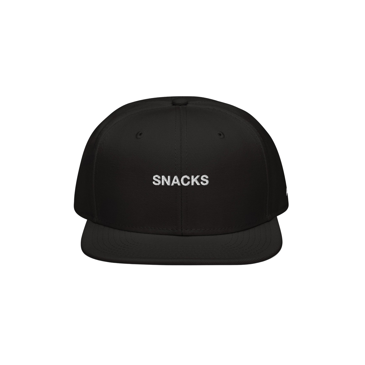 The Snacks Hat features a black flat-brimmed snapback with SNACKS embroidered in white, embodying a bold yet minimalist style