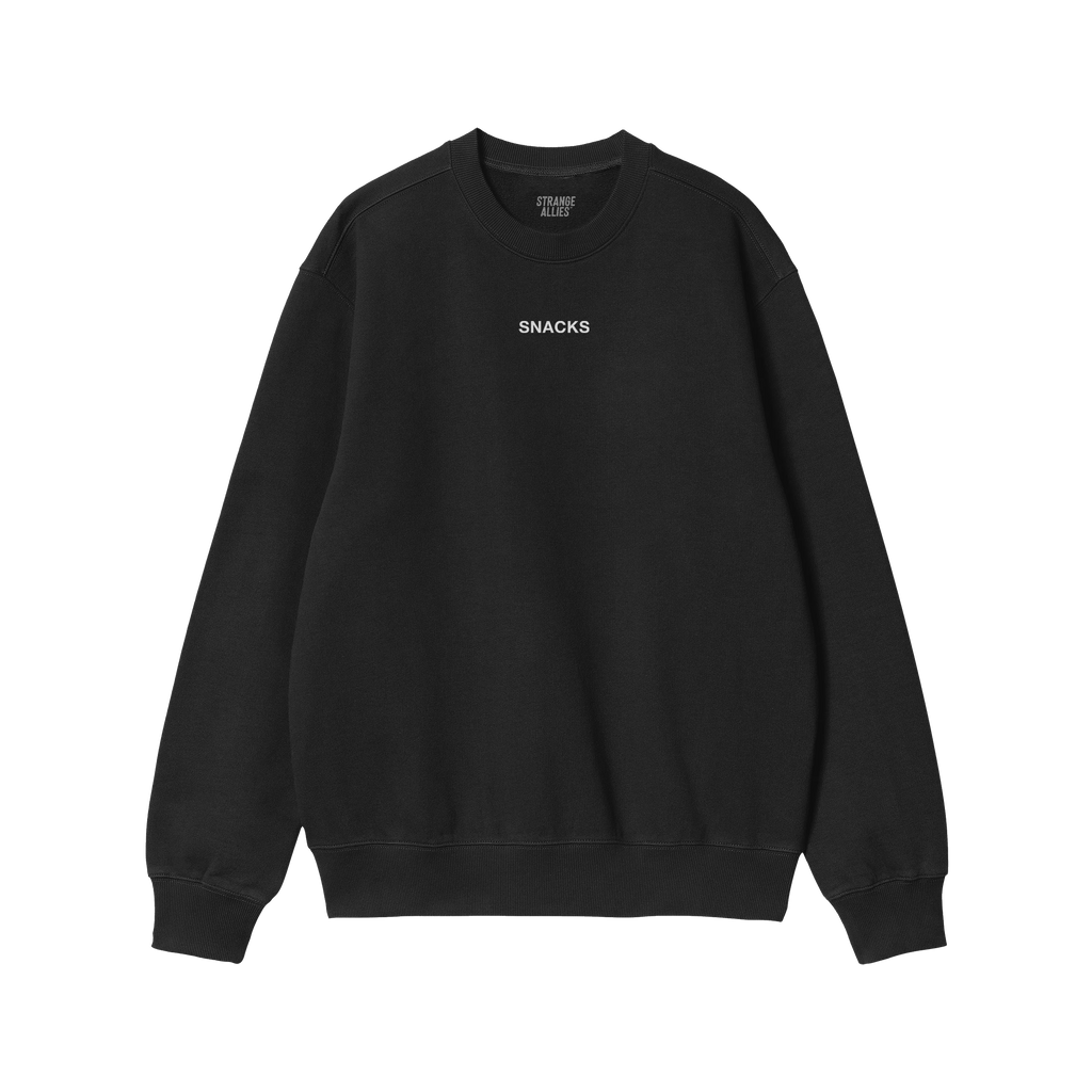 Black Snacks Hoodie & Sweatshirt with ribbed cuffs, hem, and a small white SNACKS print on chest, embodying a minimalist desi