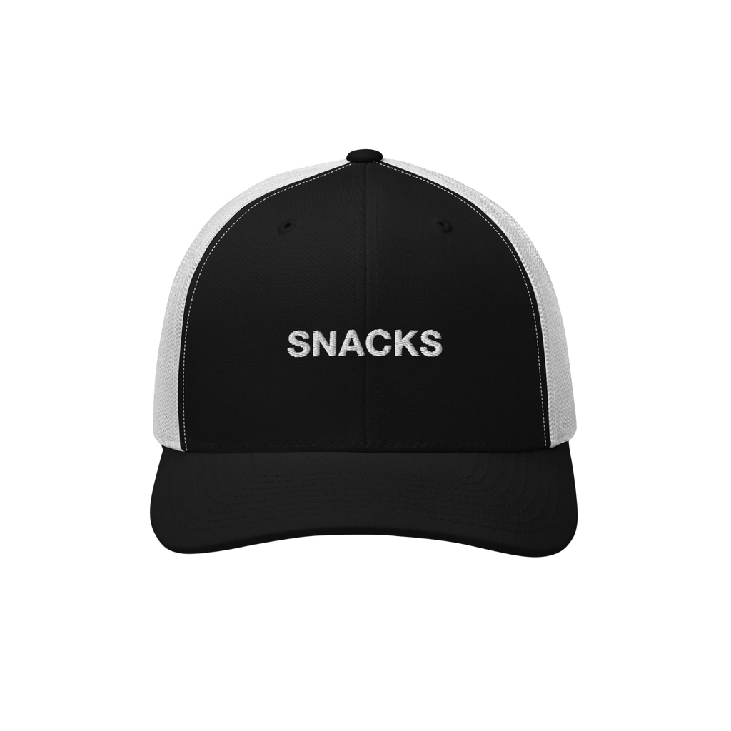 The Snacks Hat features a black front and bill with white mesh sides and back, embroidered with SNACKS in white, ideal for sn