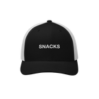 The Snacks Hat features a black front and bill with white mesh sides and back, embroidered with SNACKS in white, ideal for sn