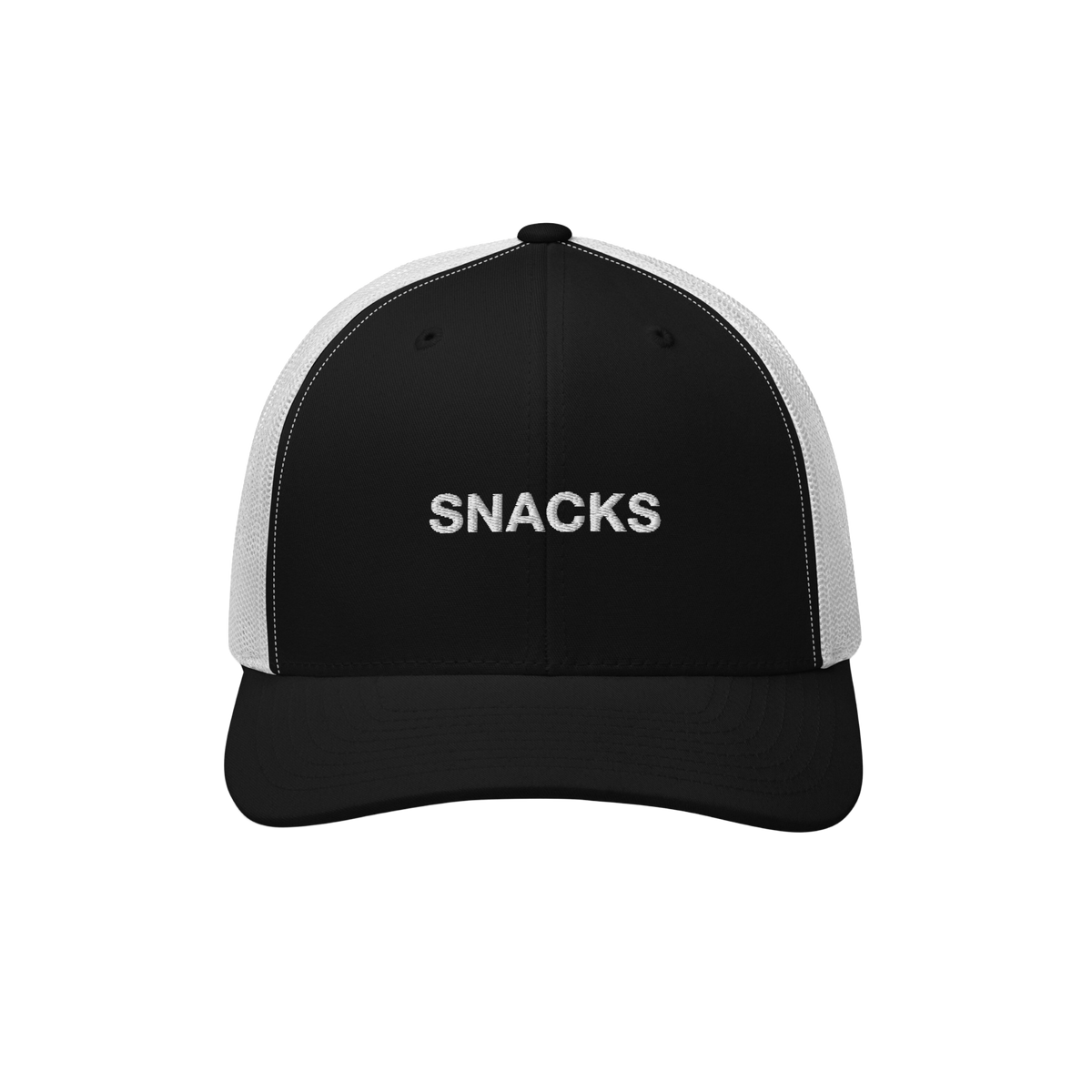 The Snacks Hat features a black front and bill with white mesh sides and back, embroidered with SNACKS in white, ideal for sn