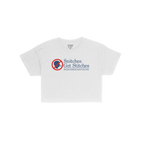 Snitches Get Stitches Women's Baby Tee features a graphic of a zippered-mouth silhouette with a red no symbol and the slogan