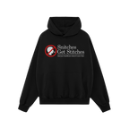 Snitches Get Stitches Shirt: A plain black hoodie featuring a red no symbol over a head profile and the slogan Snitches Get S