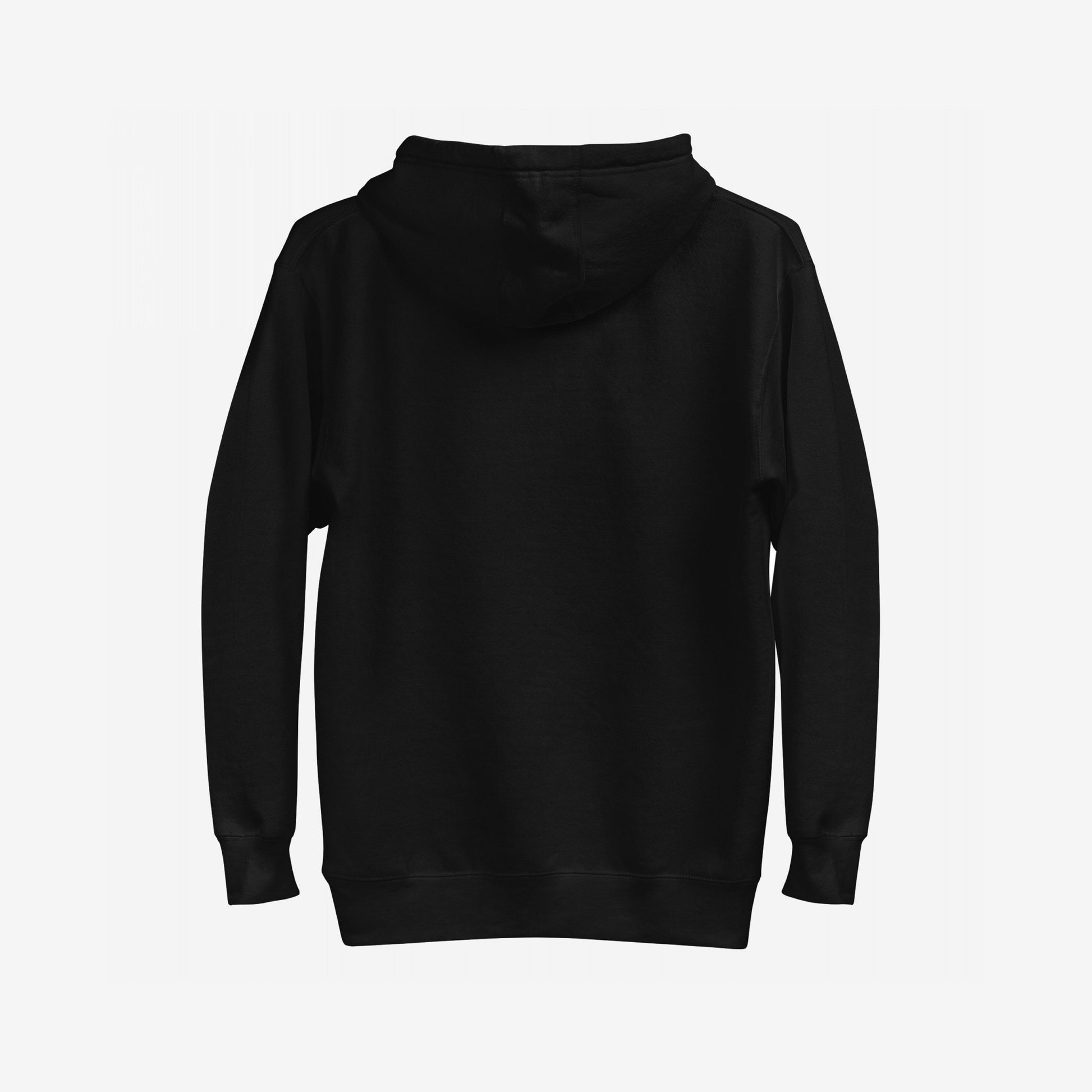 Back view of the Snitches Get Stitches Hoodie, a plain black pullover featuring a bold message against snitches and the healthcare system, embodying dark humor and sarcasm.
