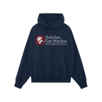 A dark navy blue Snitches Get Stitches hoodie features a humorous slogan with a no-talk icon, highlighting wit and sarcasm fo